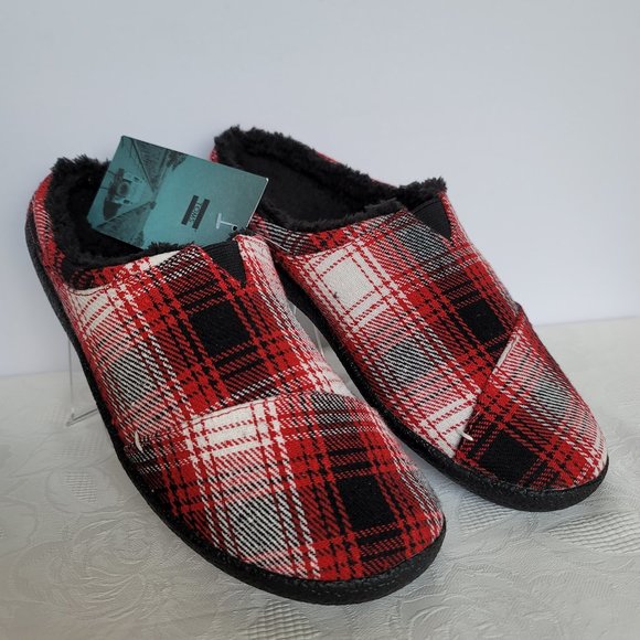 TOMS Mens Berkeley Faux Fur Lined Slip-On Slippers-Red Plaid- Men's Size 10 - Picture 2 of 13